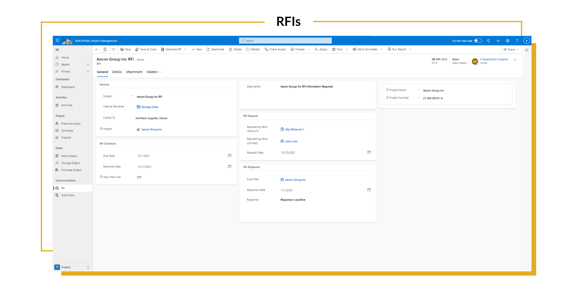 The image shows the BUILDFitters RFIs dashboard